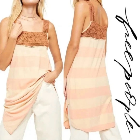 Free People Peach and Cream Crochet Tank Dress SZ S - Picture 1 of 12